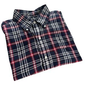 Ralph Lauren Polo Shirt Mens Large Navy Blue Red White Blake Button Down Plaid